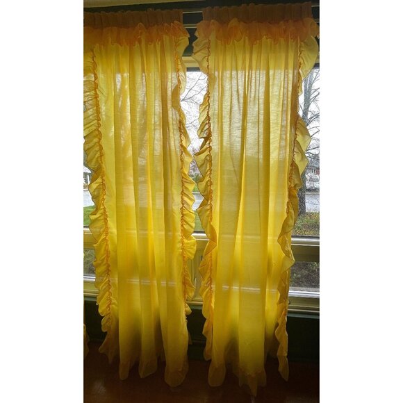 Vintage 1970s pleated curtains, yellow sheer ruffled pair long narrow panels - Picture 2 of 9